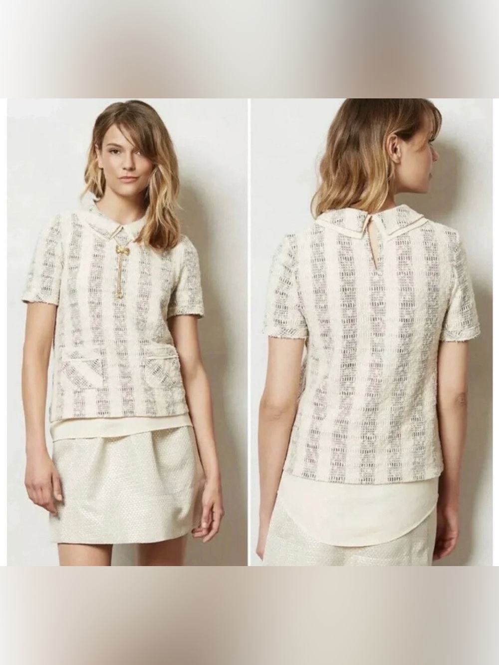 Anthropologie 9-H15 STCL Cream Short-Sleeve Tweed Top with Peter Pan Collar